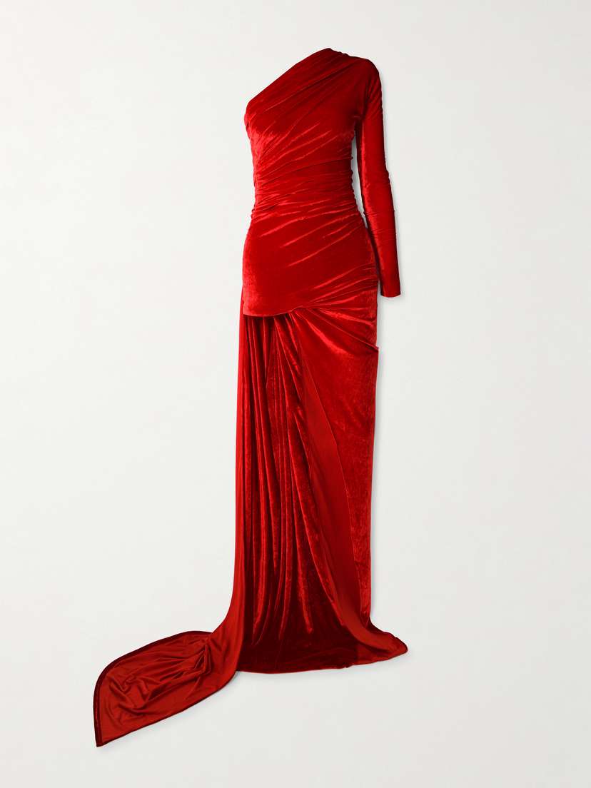 Balenciaga One-sleeve Asymmetric Velvet Maxi Dress