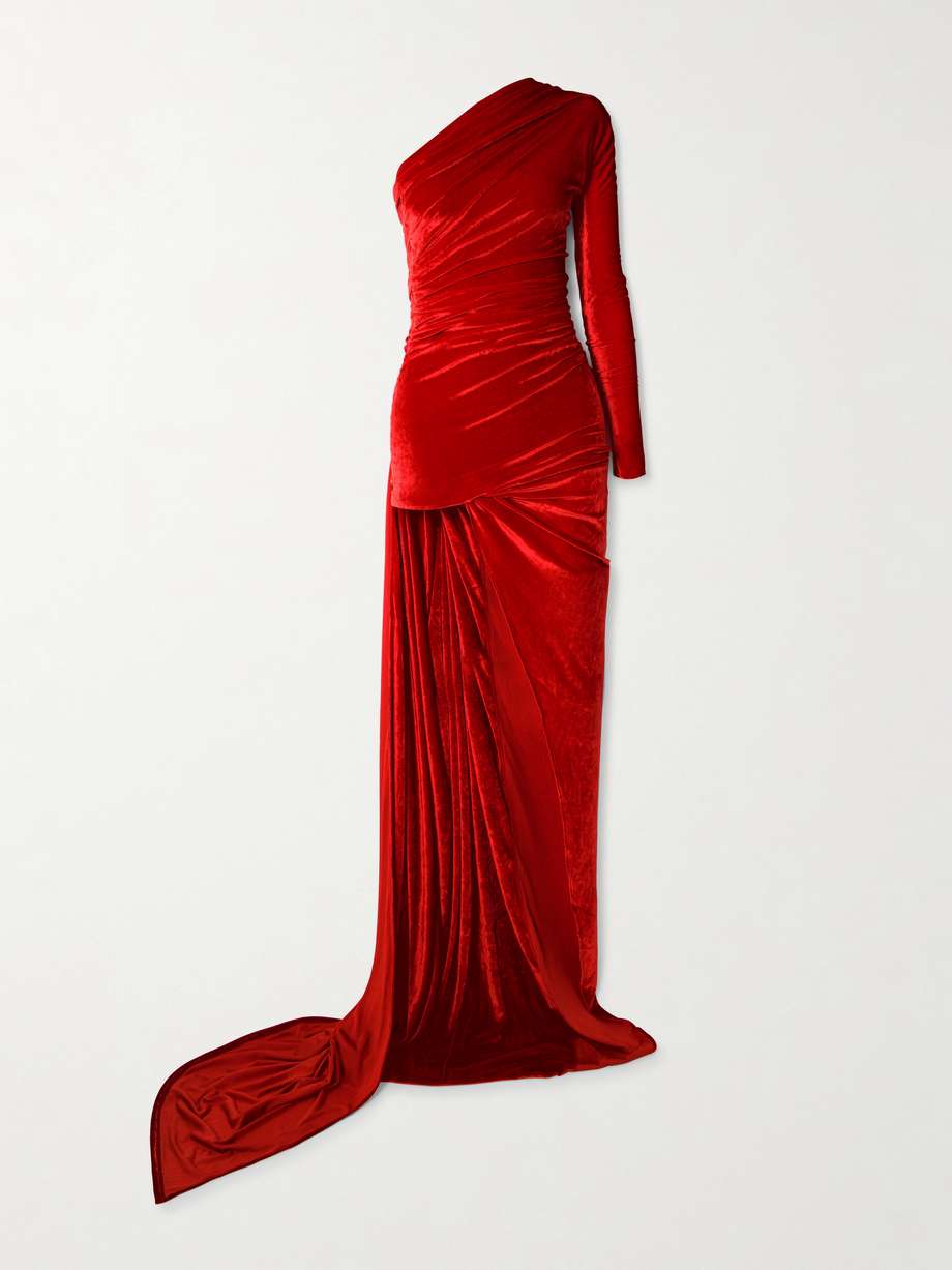one-sleeve asymmetric velvet maxi dress