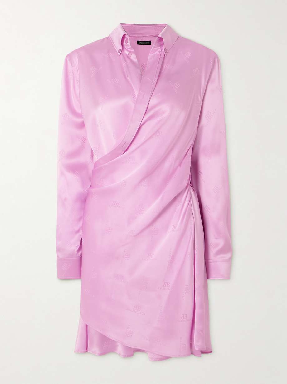 draped logo-jacquard silk mini wrap dress