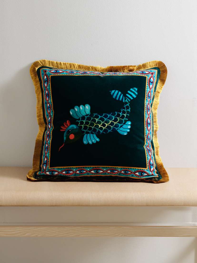 La DoubleJ Fringed Embroidered Cotton-blend Velvet Cushion