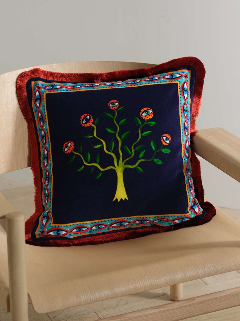 La DoubleJ Fringed Printed Cotton-blend Velvet Cushion