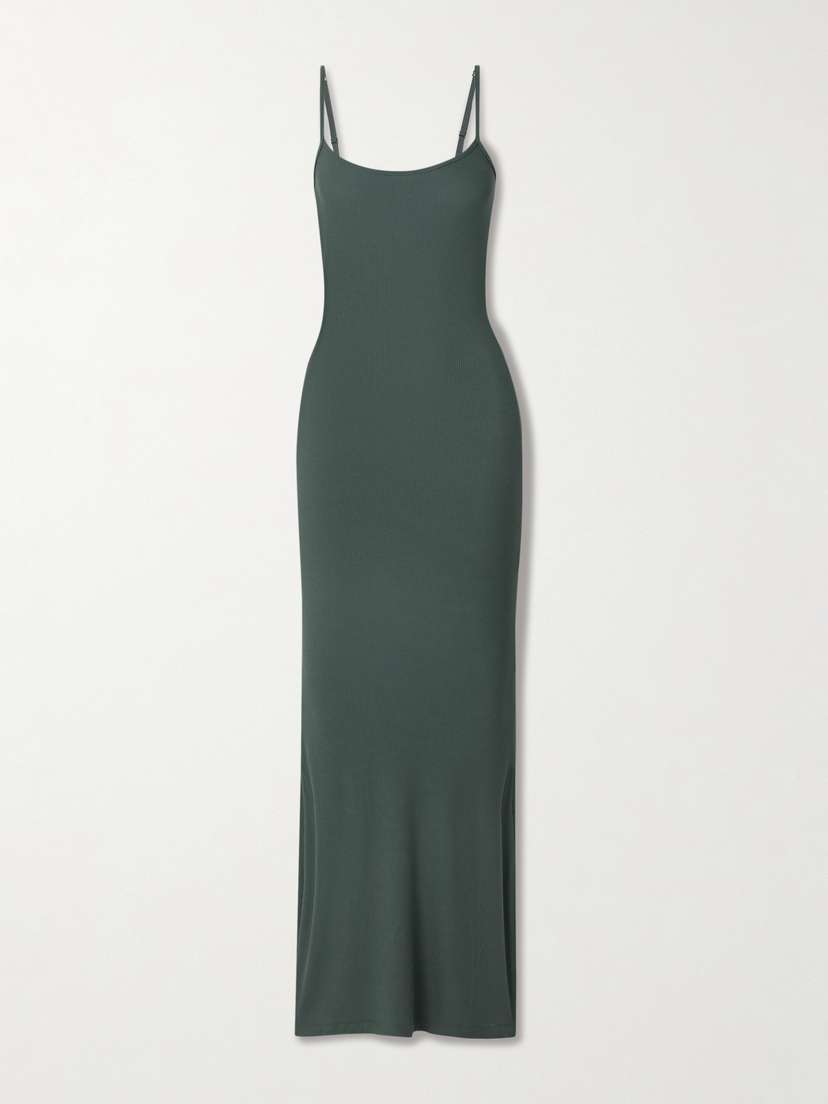 Skims Soft Lounge Ribbed Long Stretch-modal Slip Dress - Deep Sea
