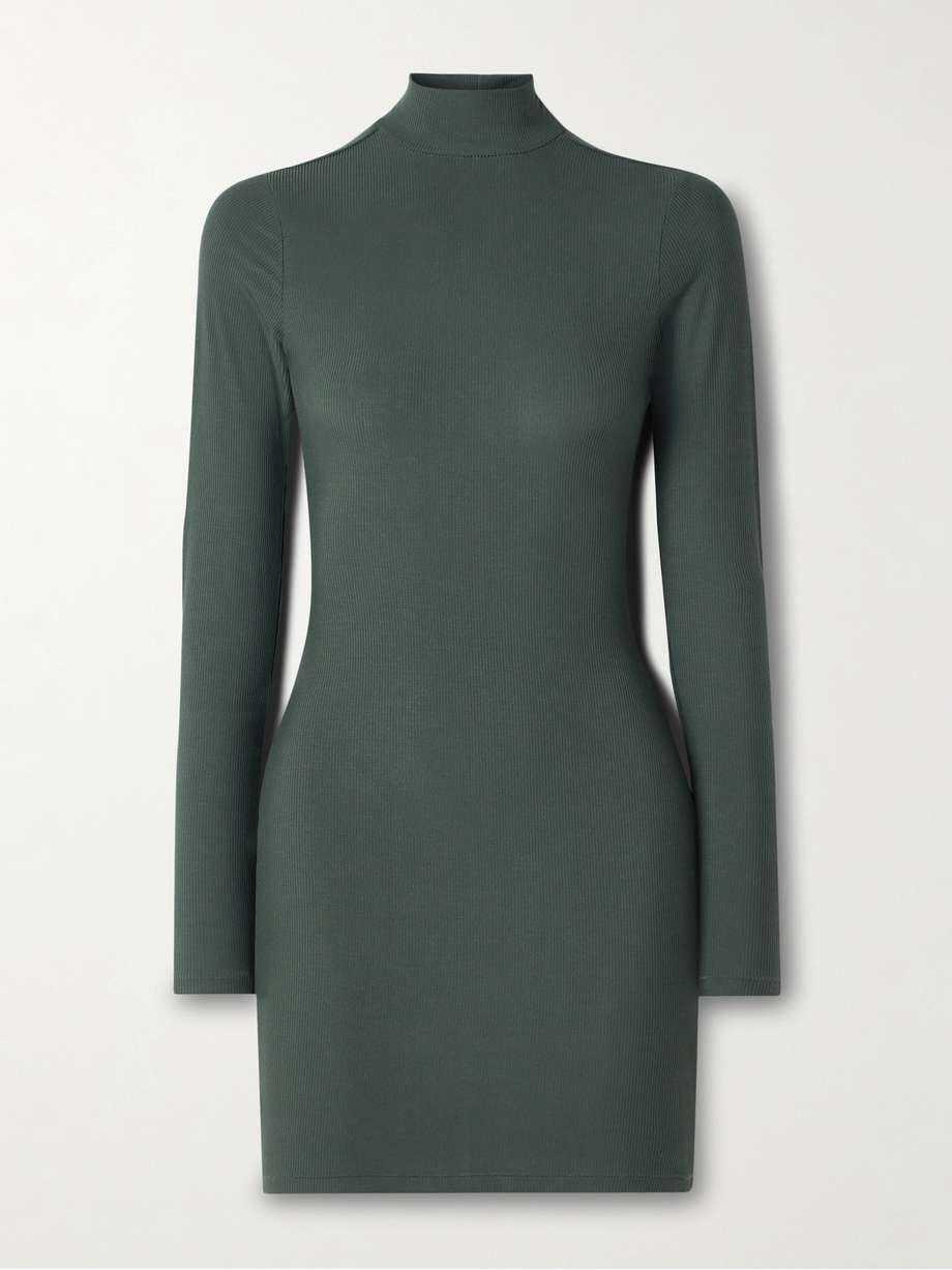 soft lounge ribbed mock neck long sleeve stretch-modal mini dress - deep sea