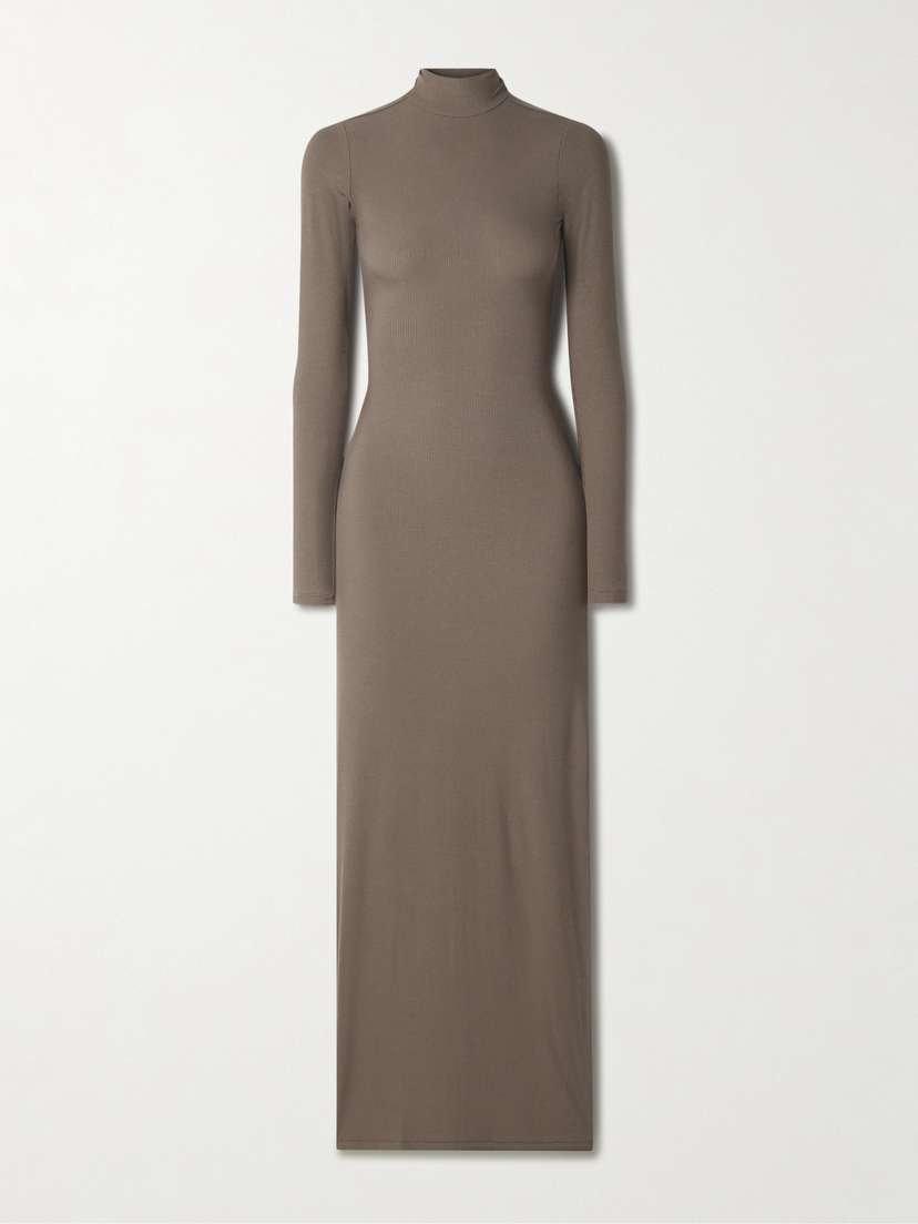 Skims Soft Lounge Ribbed Mock Neck Long Stretch-modal Dress - Amethyst