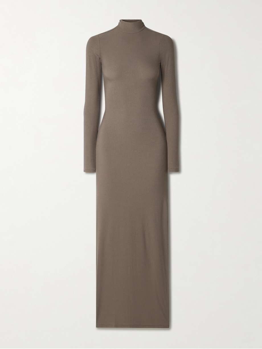 soft lounge ribbed mock neck long stretch-modal dress - amethyst