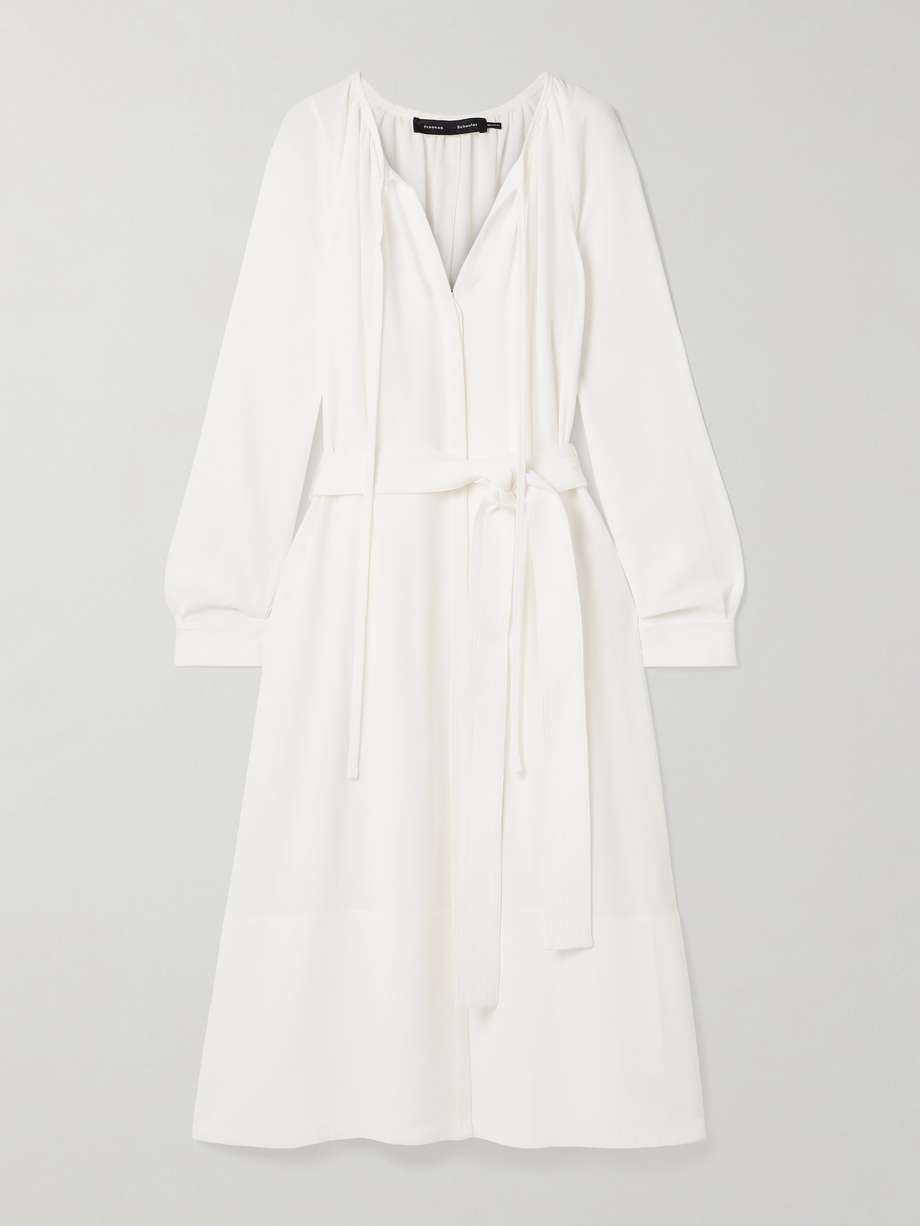 enya belted crepe midi shirt dress