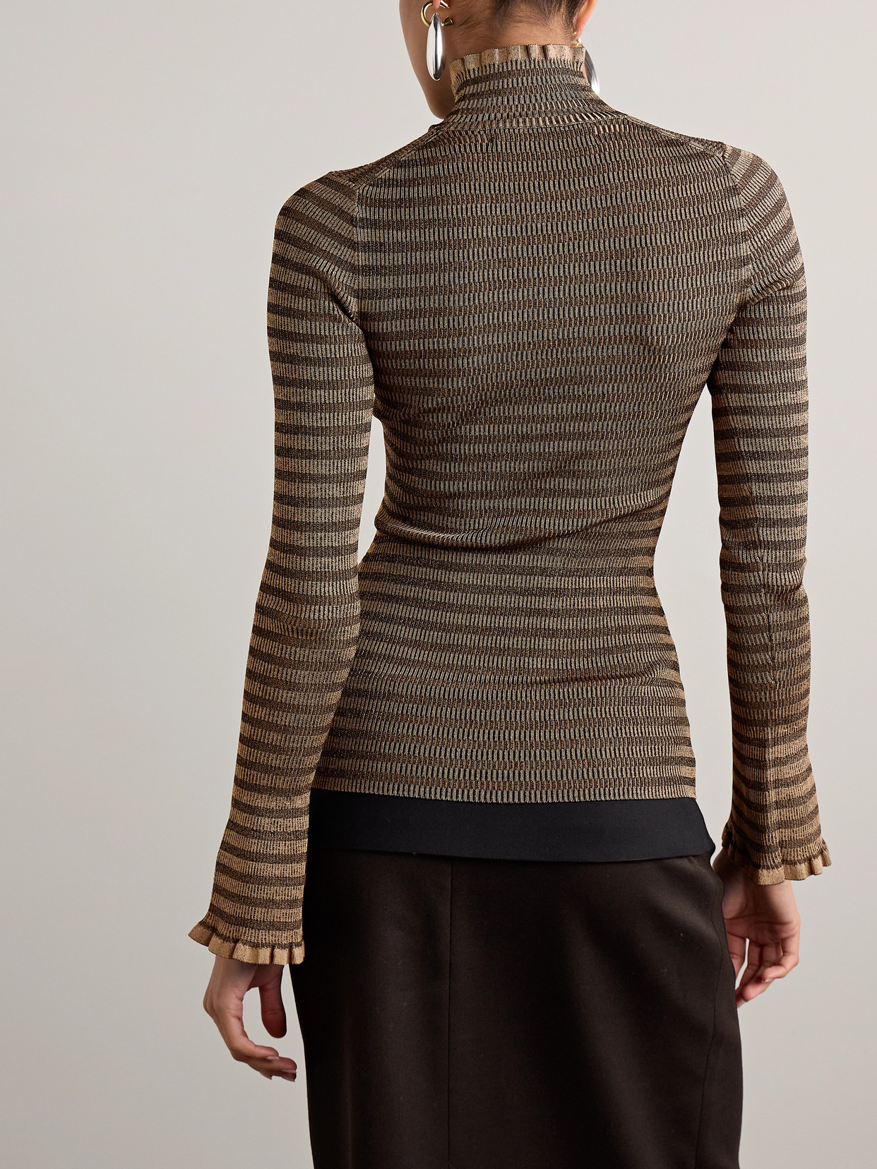 PROENZA SCHOULER WHITE LABEL PHYLLIS RUFFLED STRIPED RIBBED-KNIT TURTLENECK SWEATER