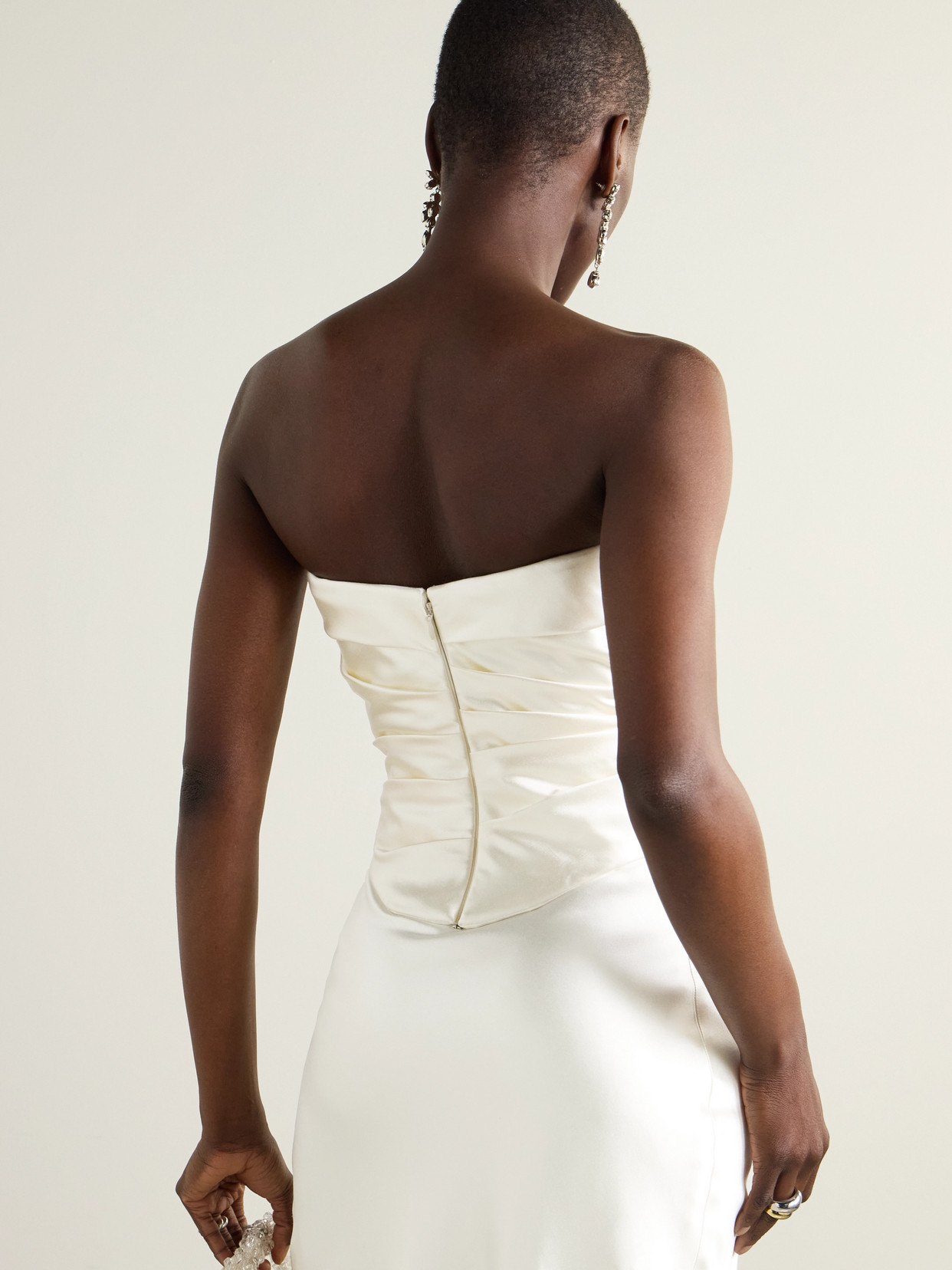 Danielle Frankel Demi Strapless Draped Silk And Wool-blend Satin Bustier Top In Off-white