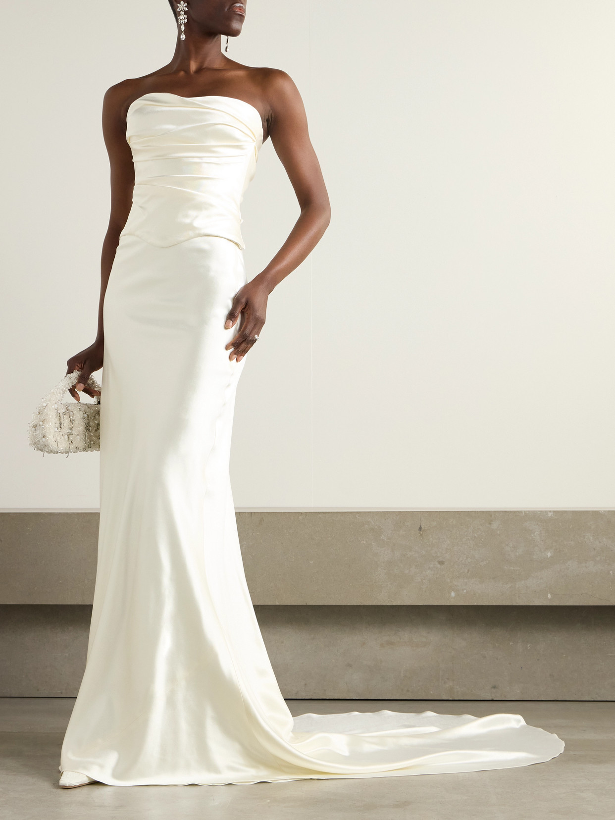 Danielle Frankel Demi Strapless Draped Silk And Wool-blend Satin Bustier Top In Off-white