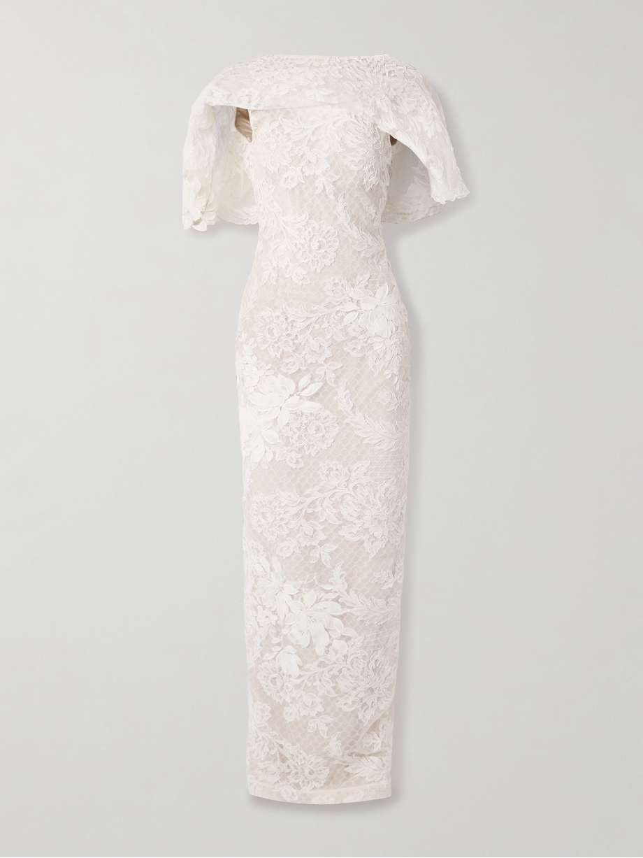 laurel draped cotton-blend corded lace gown