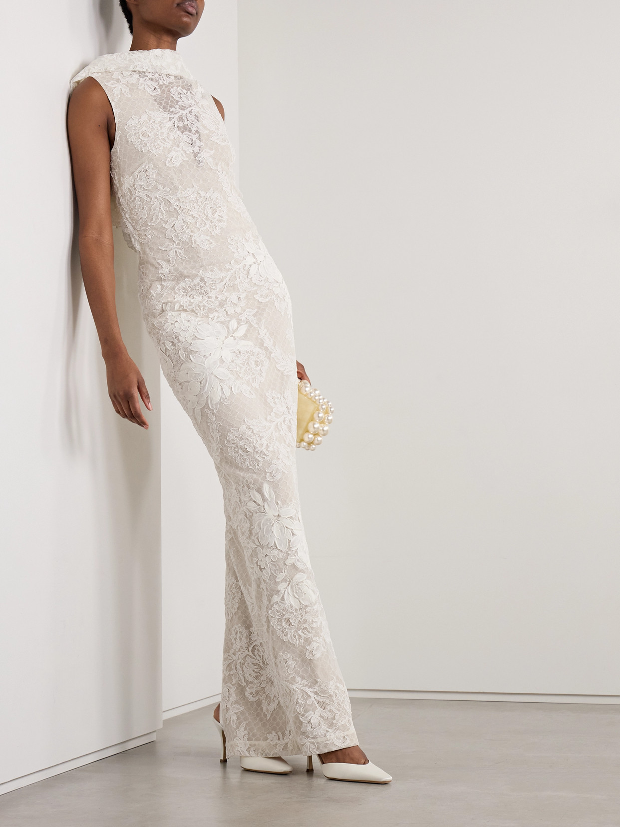 Danielle Frankel Laurel Draped Cotton-blend Corded Lace Gown In Off-white