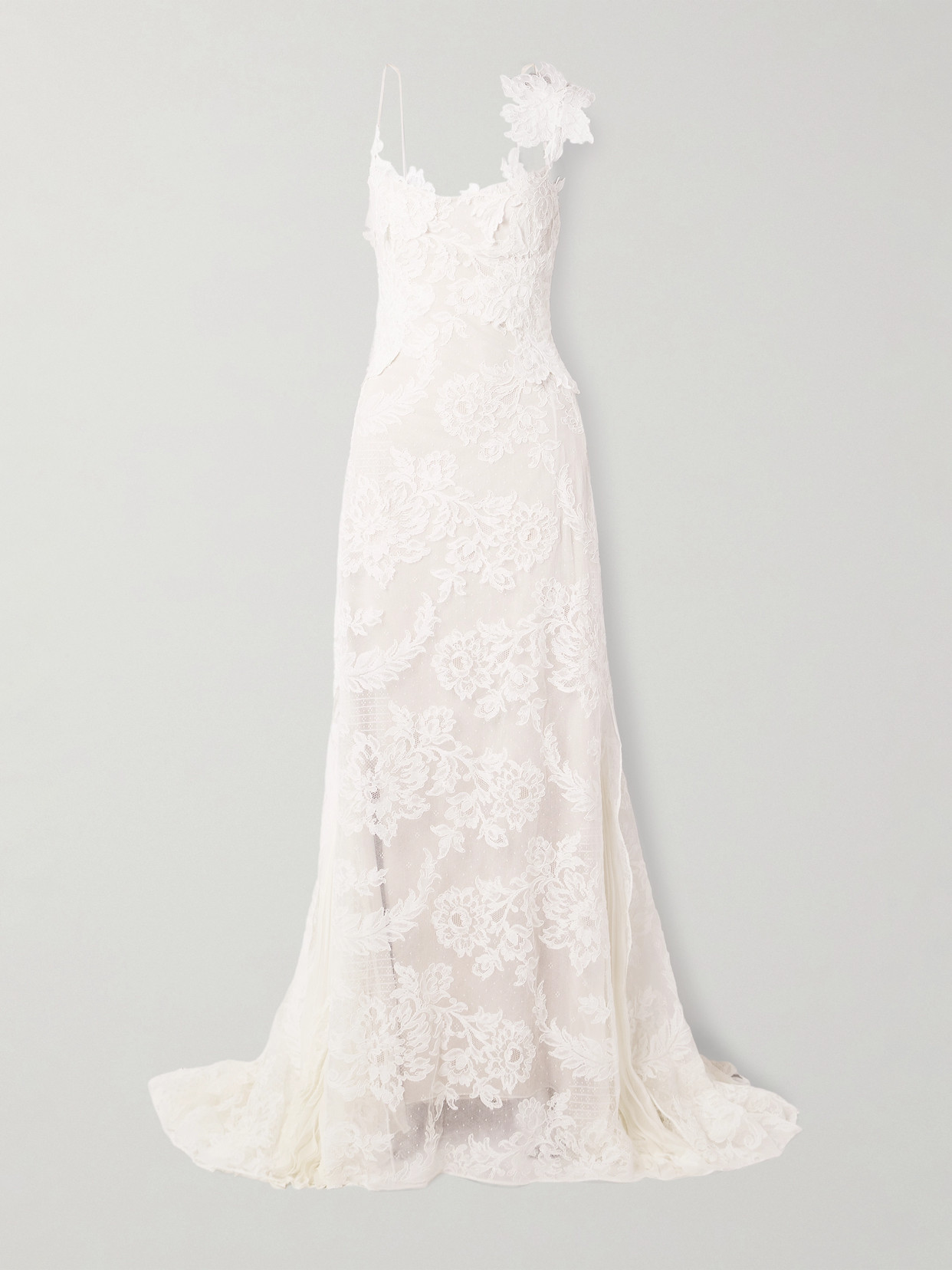 Danielle Frankel Edie Appliquéd Silk Chiffon-trimmed Cotton-blend Corded Lace Gown In Ecru