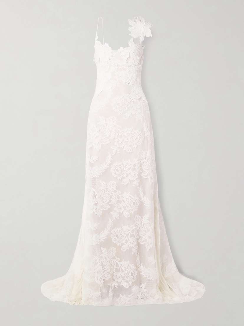Danielle Frankel Edie Appliquéd Silk Chiffon-trimmed Cotton-blend Corded Lace Gown