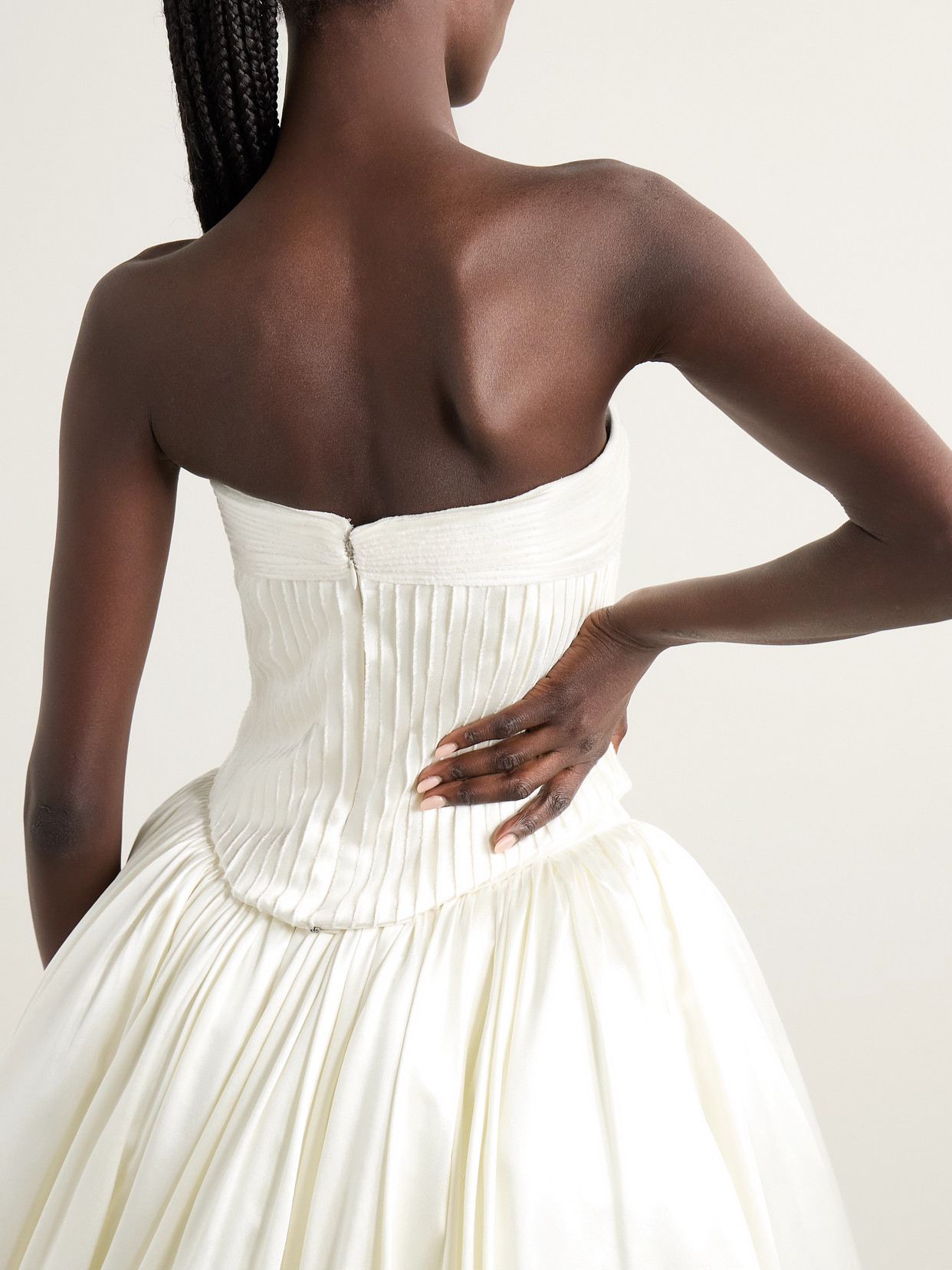 Danielle Frankel Ella Strapless Frayed Pintucked Silk And Wool-blend Satin Bustier Top In Off-white