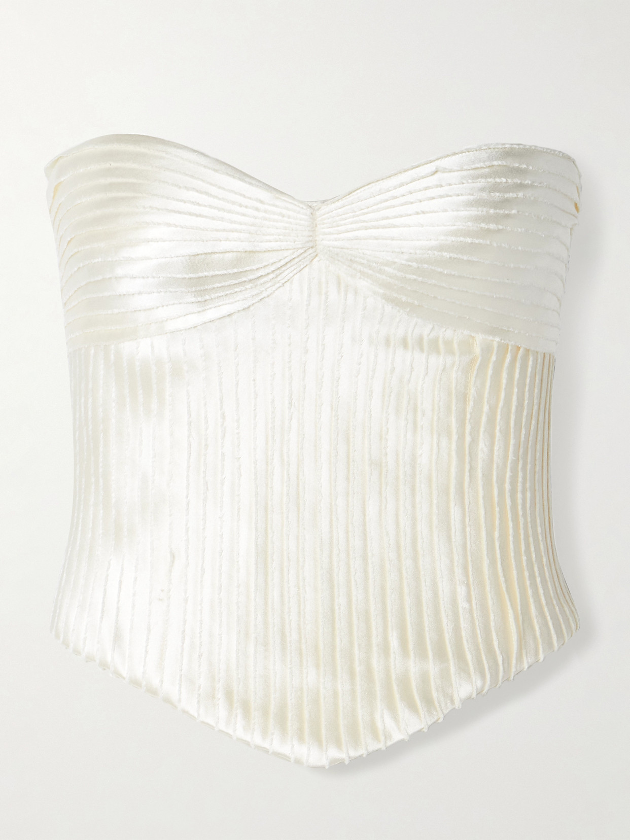 Danielle Frankel Ella Strapless Frayed Pintucked Silk And Wool-blend Satin Bustier Top In Off-white