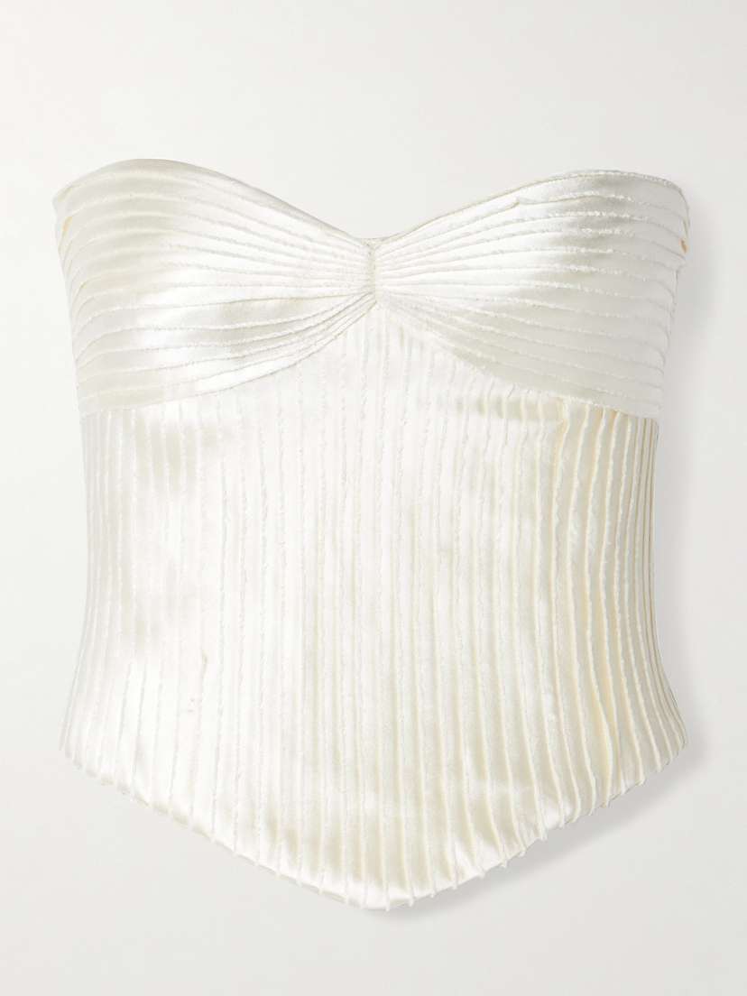 Danielle Frankel Ella Strapless Frayed Pintucked Silk And Wool-blend Satin Bustier Top