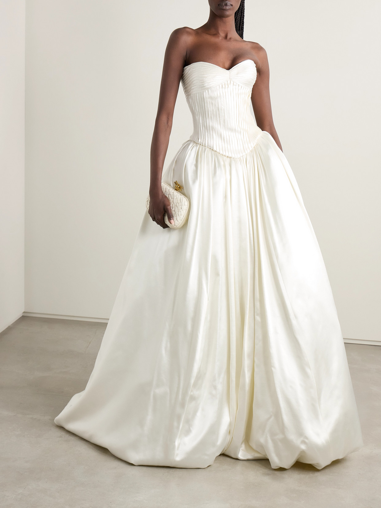 Danielle Frankel Ella Strapless Frayed Pintucked Silk And Wool-blend Satin Bustier Top In Off-white