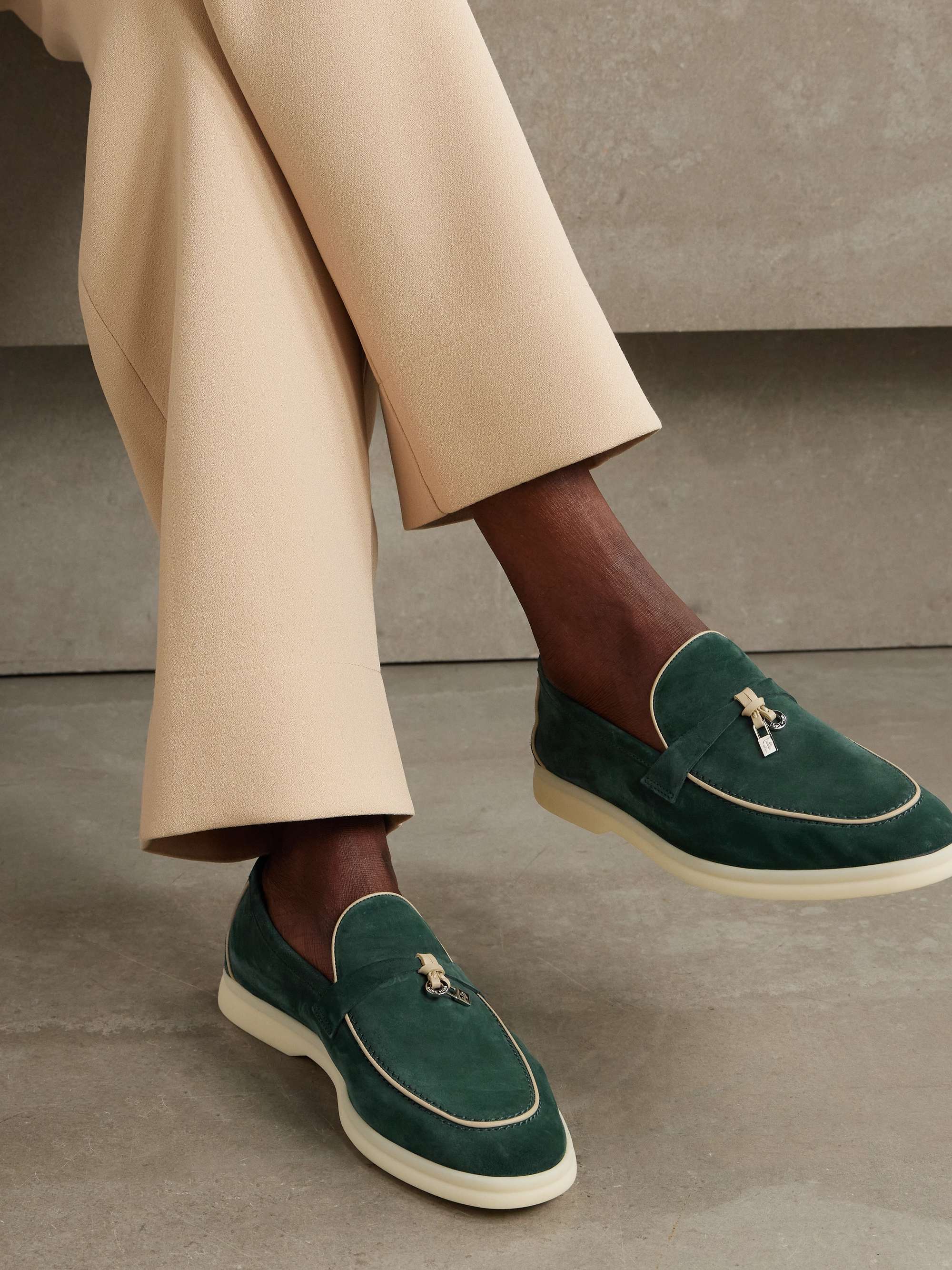LORO PIANA Summer Charms Walk leather-trimmed suede loafers | NET-A-PORTER