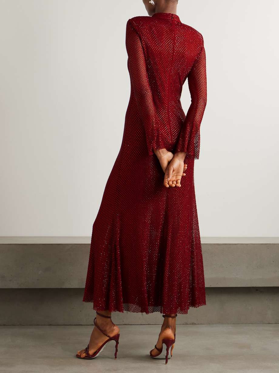 crystal-embellished mesh turtleneck midi dress