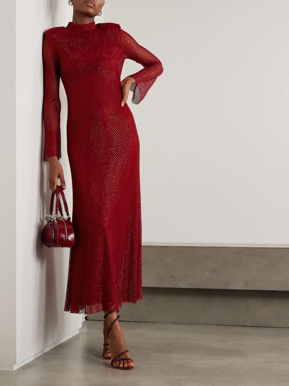 crystal-embellished mesh turtleneck midi dress