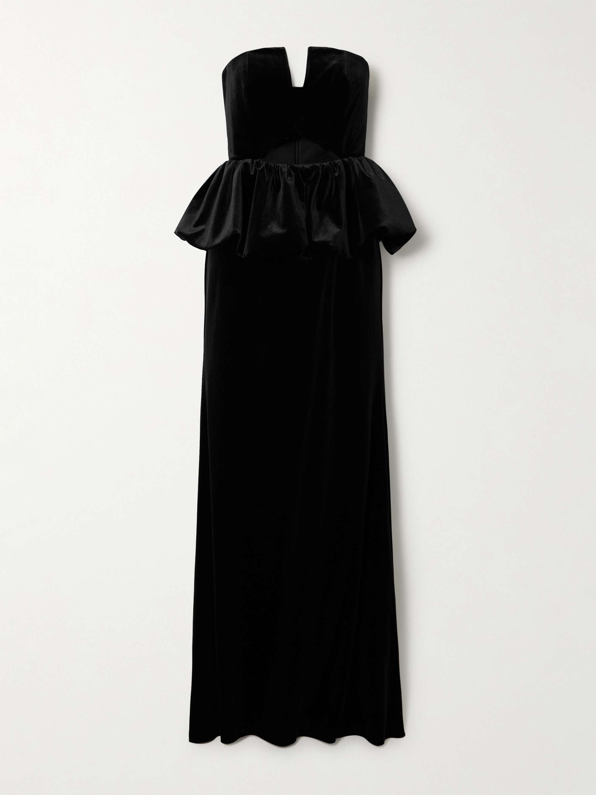 Strapless cutout velvet peplum maxi dress black UK 10