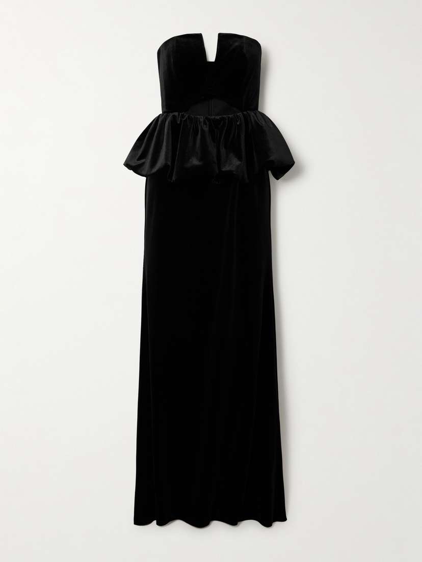 Self-Portrait Strapless Cutout Velvet Peplum Maxi Dress