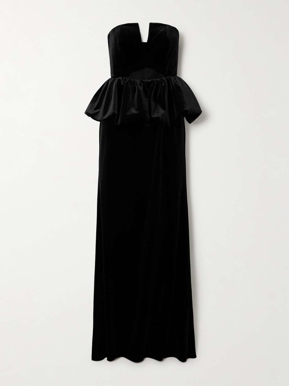 strapless cutout velvet peplum maxi dress