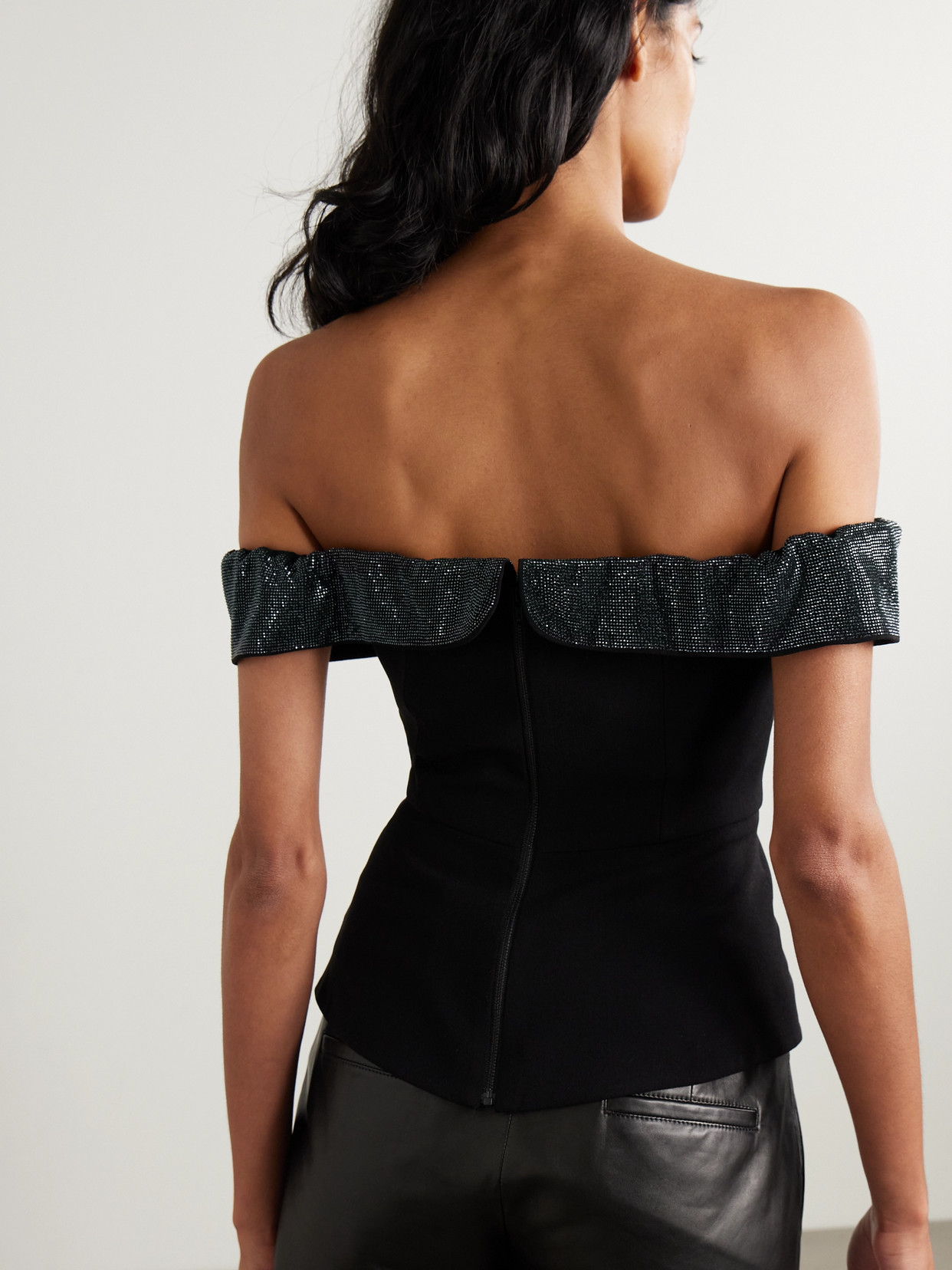 Self-portrait Off-the-shoulder Bow And Crystal-embellished Crepe Top In Black