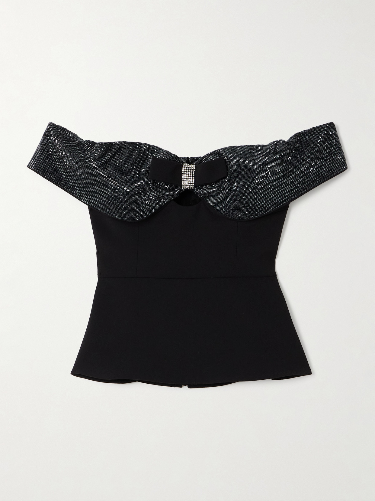 Self-portrait Off-the-shoulder Bow And Crystal-embellished Crepe Top In Black