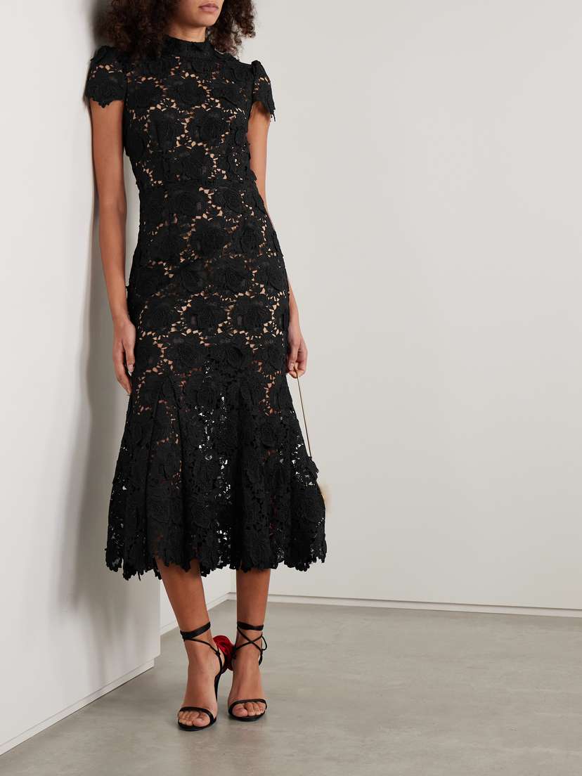 chinese dress ladies Black Floral Lace Midi Dress – self-portrait