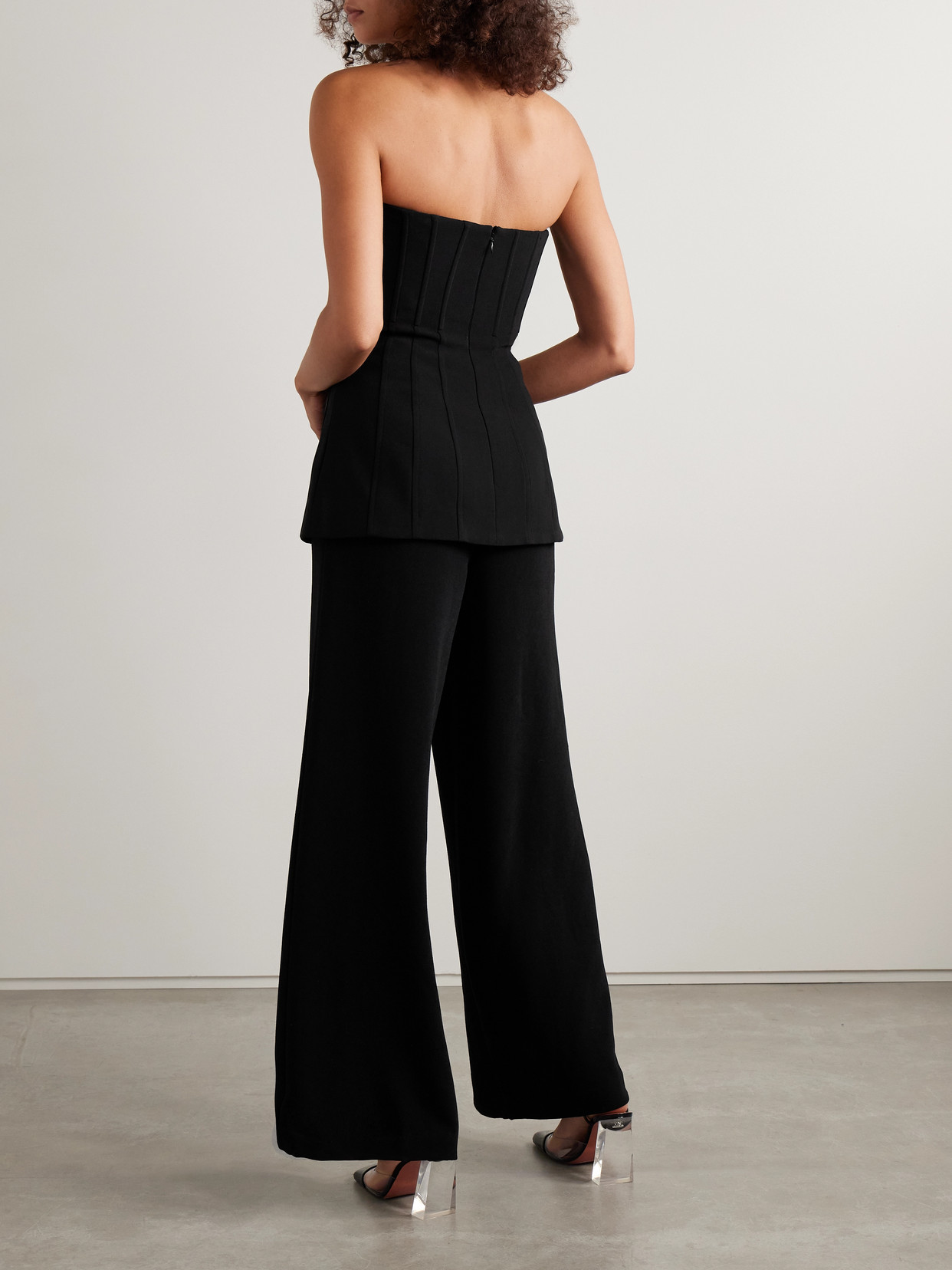 Self-portrait Convertible Strapless Crystal-embellished Peplum Crepe Jumpsuit In Black