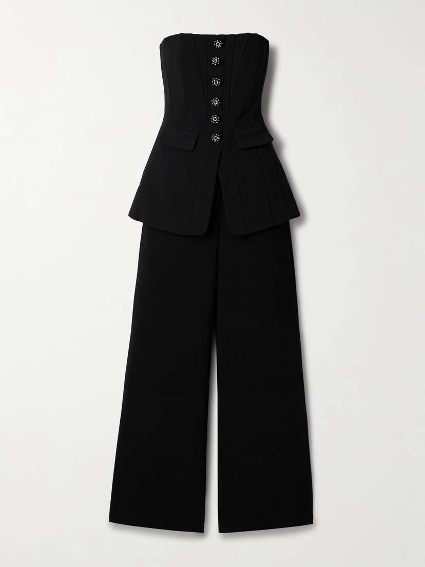 Self-Portrait Convertible Strapless Crystal-embellished Peplum Crepe Jumpsuit