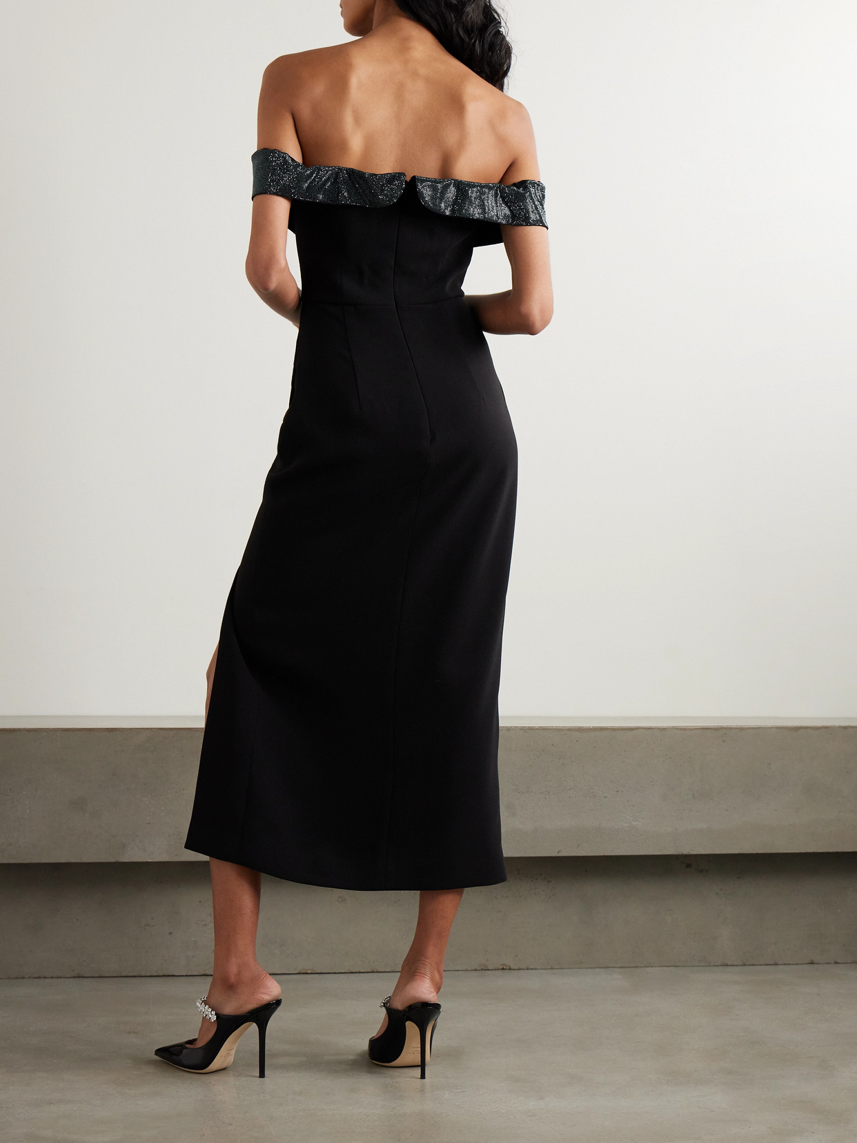 Self-portrait Bow And Crystal-embellished Off-the-shoulder Crepe Midi Dress In Black