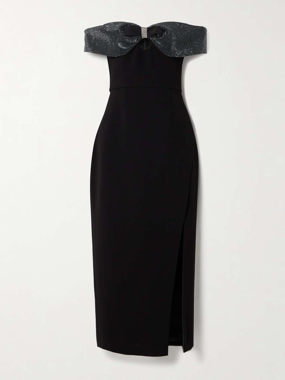 bow and crystal-embellished off-the-shoulder crepe midi dress