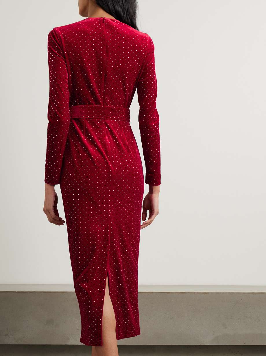 kiara belted crystal-embellished stretch-velvet midi dress