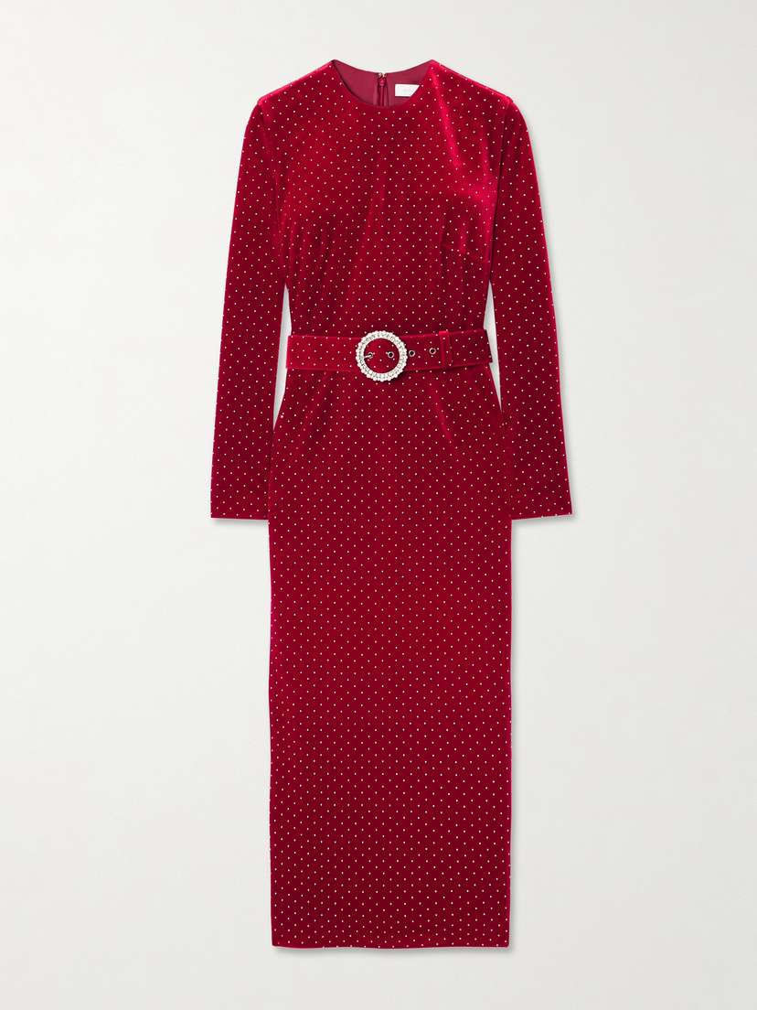 Borgo de Nor Kiara Belted Crystal-embellished Stretch-velvet Midi Dress