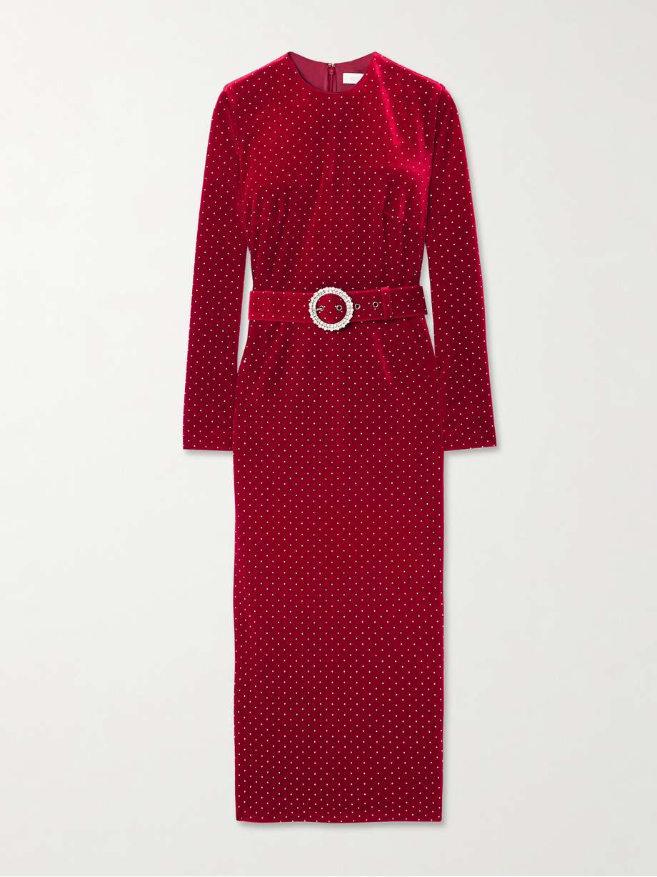 kiara belted crystal-embellished stretch-velvet midi dress