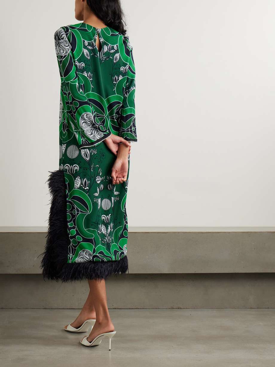 seraphina crystal-embellished feather-trimmed printed crepe de chine midi dress