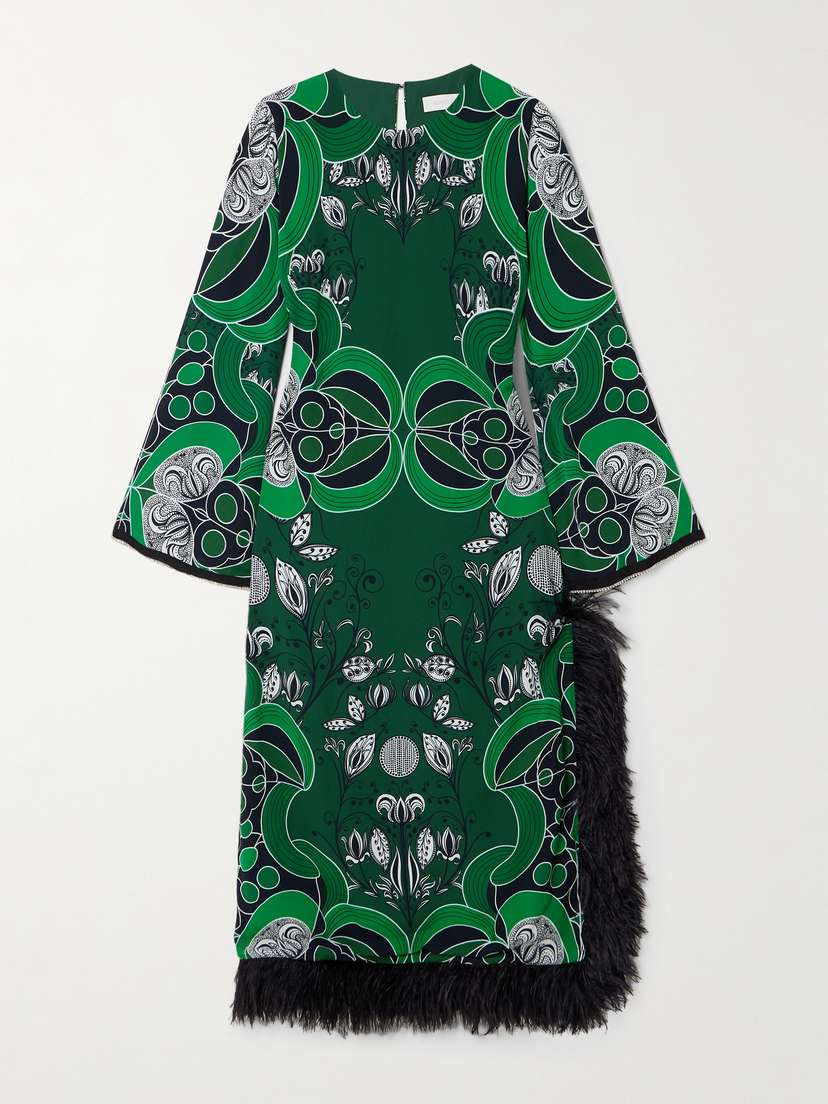 Borgo de Nor Seraphina Crystal-embellished Feather-trimmed Printed Crepe De Chine Midi Dress
