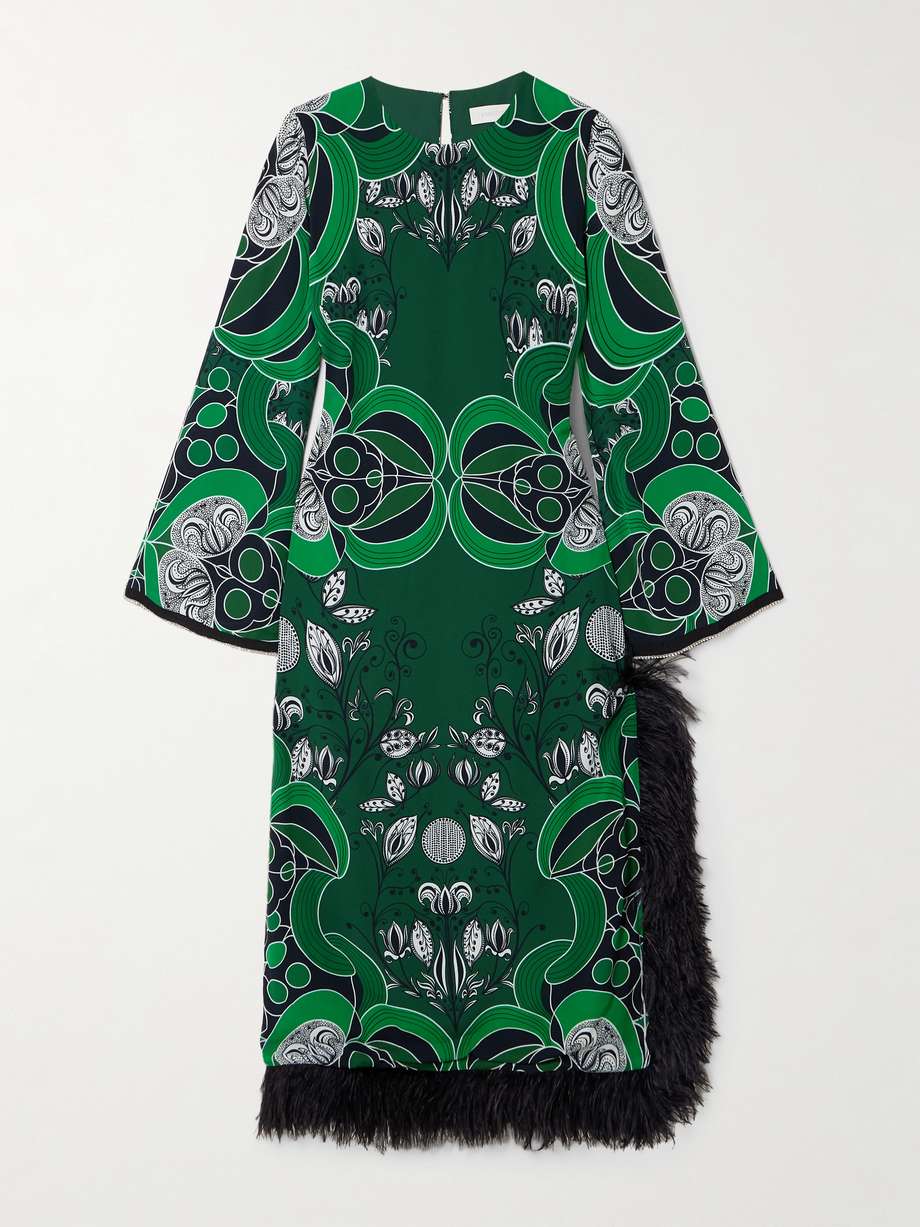 seraphina crystal-embellished feather-trimmed printed crepe de chine midi dress