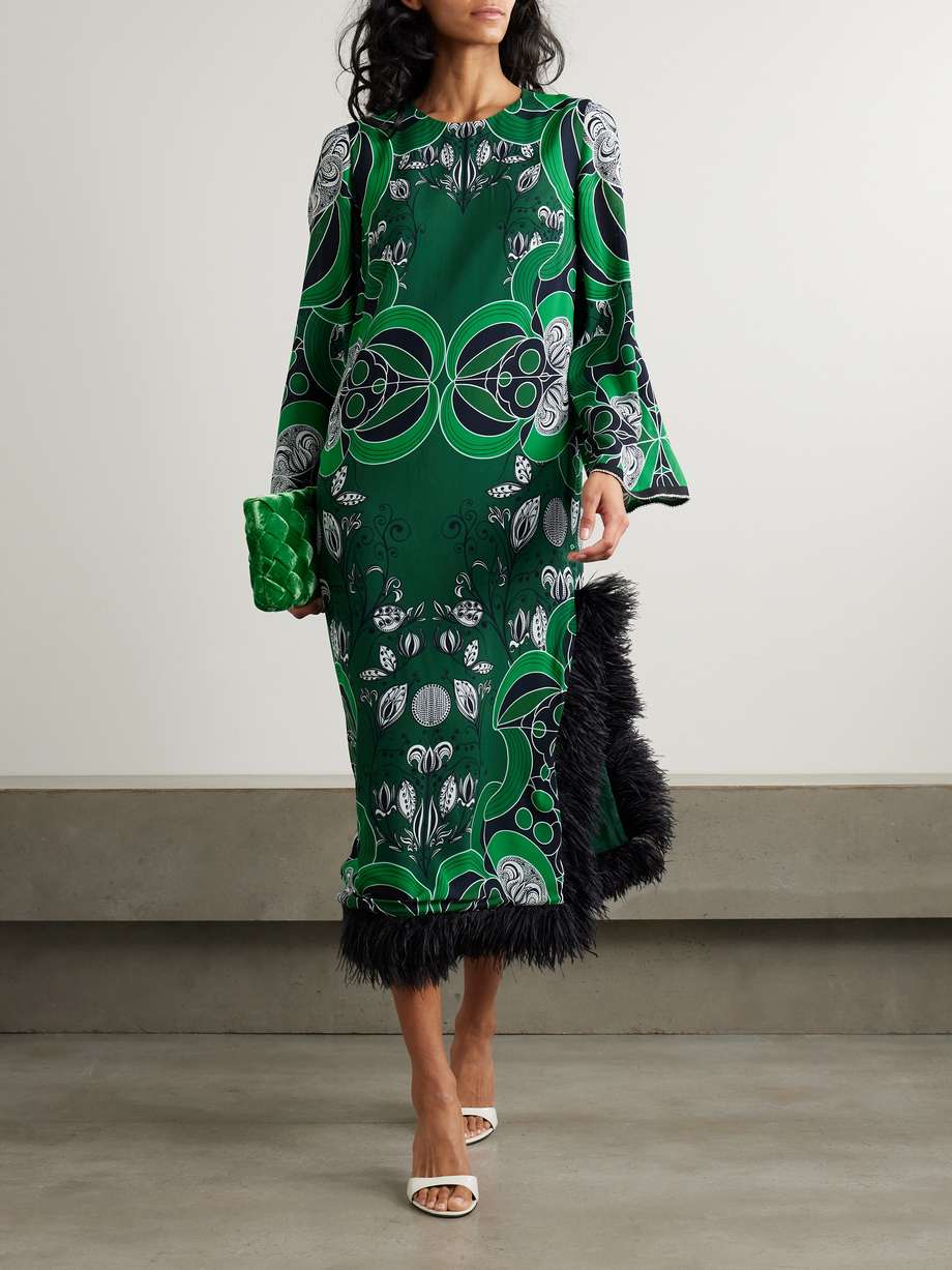 seraphina crystal-embellished feather-trimmed printed crepe de chine midi dress
