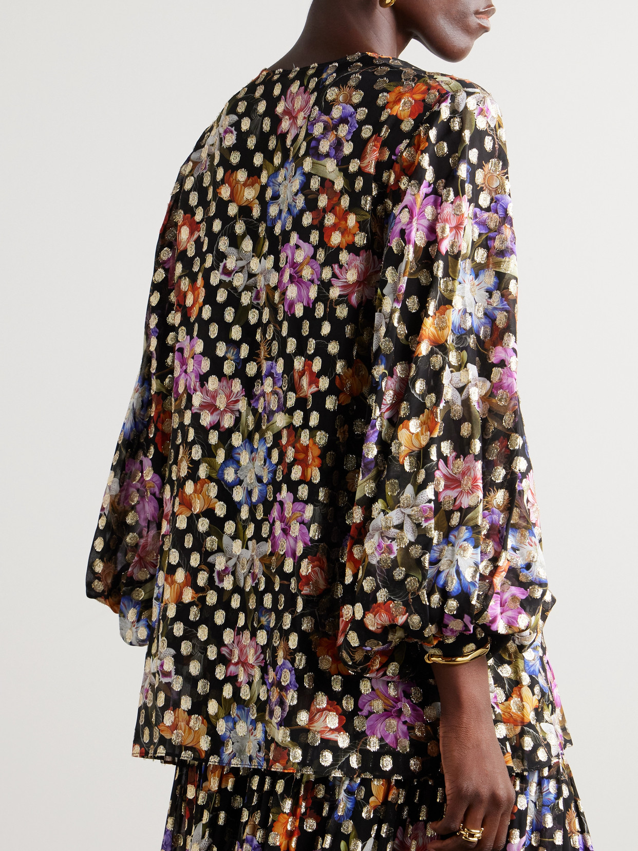 Stellan Floral-Print Metallic Fil Coupé Chiffon Blouse