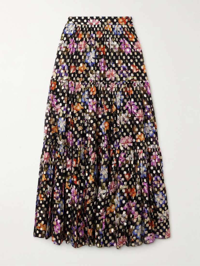 Borgo de Nor Frey Tiered Floral-print Metallic Fil Coupé Chiffon Maxi Skirt