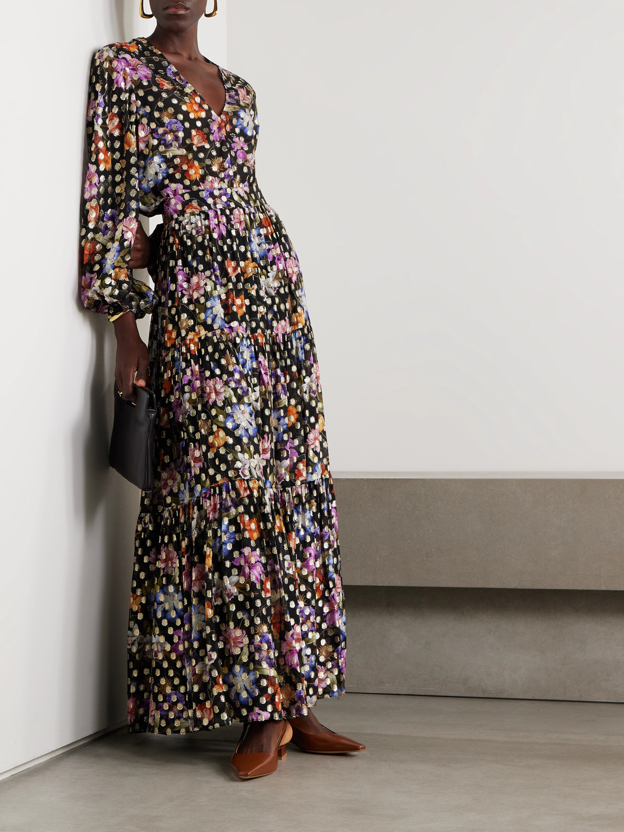 Frey Tiered Floral-Print Metallic Fil Coupé Chiffon Maxi