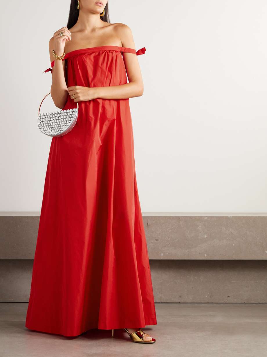 brigitte off-the-shoulder bow-embellished taffeta gown