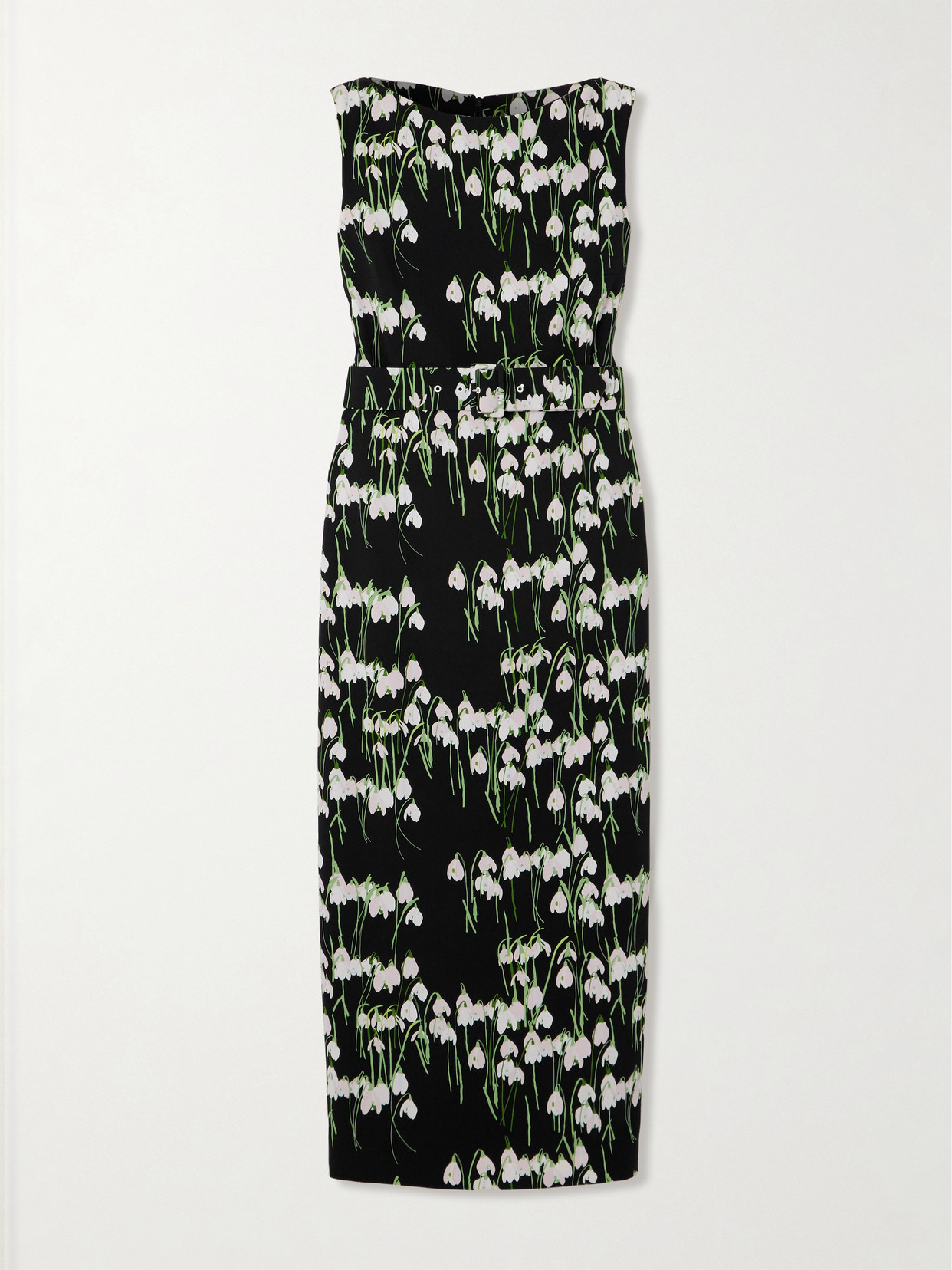 Bernadette Flower-print Boat-neck Belted Midi Dress In Black