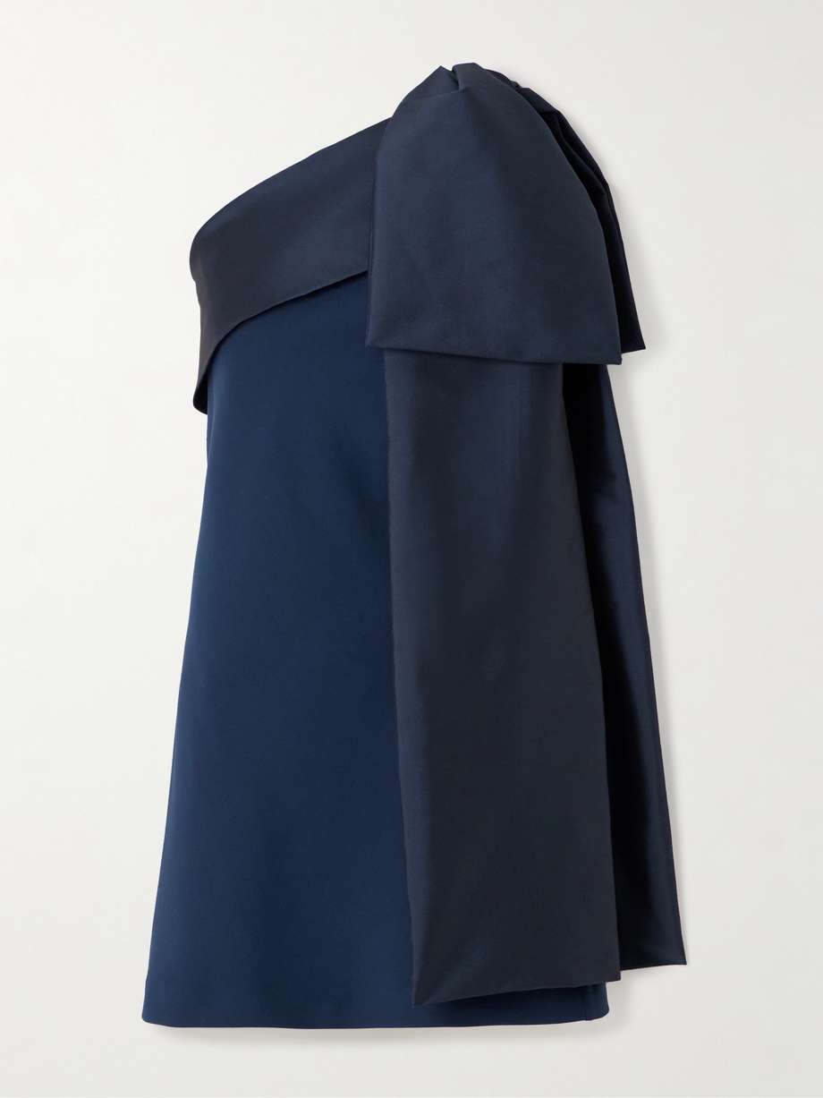 adrian bow-embellished one-shoulder taffeta-trimmed crepe mini dress