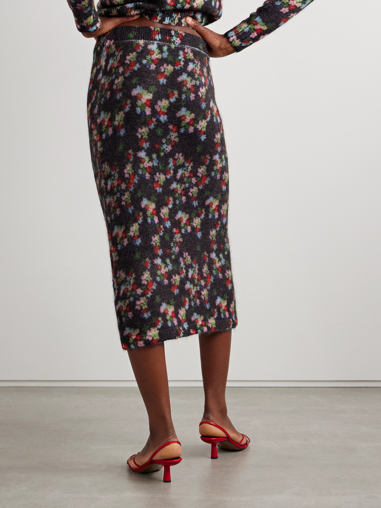 Bernadette Edouard Floral-print Mohair-blend Midi Skirt In Black