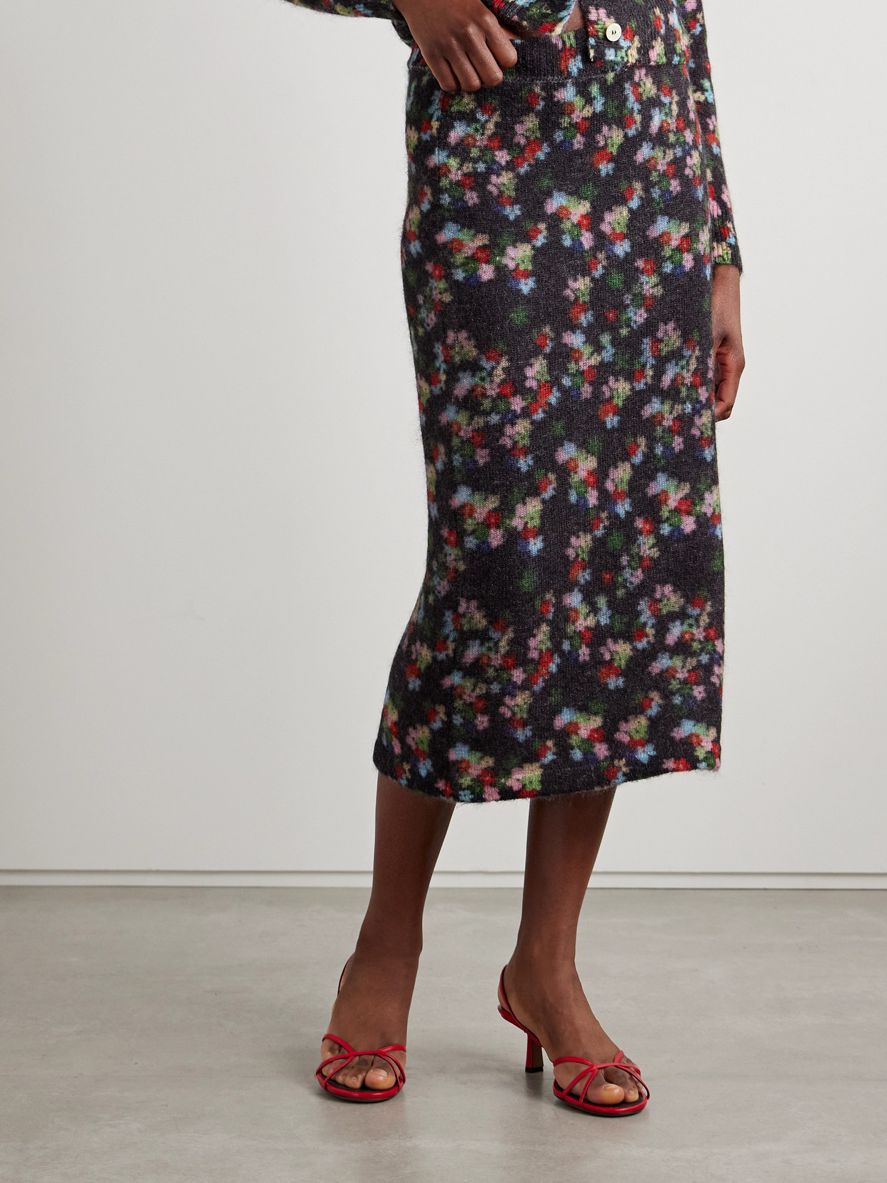 Bernadette Edouard Floral-print Mohair-blend Midi Skirt In Black