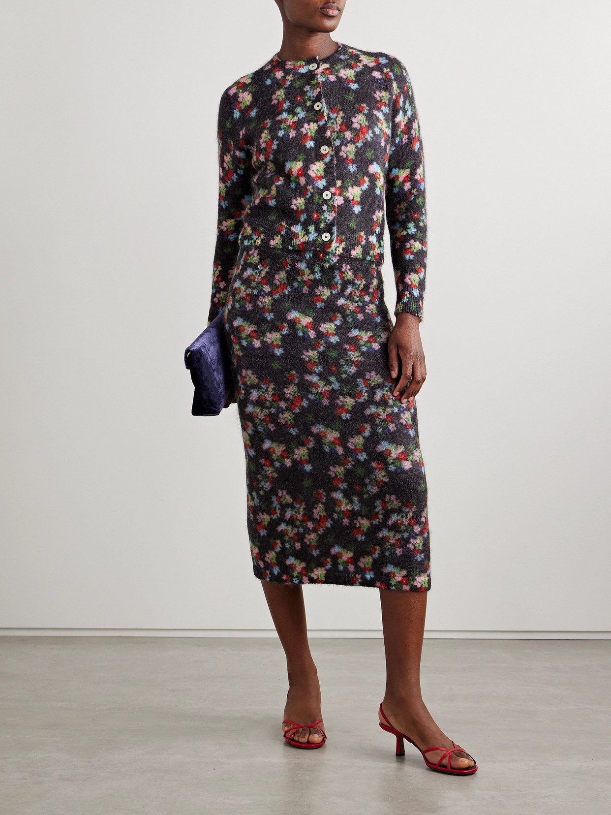 Bernadette Edouard Floral-print Mohair-blend Midi Skirt In Black